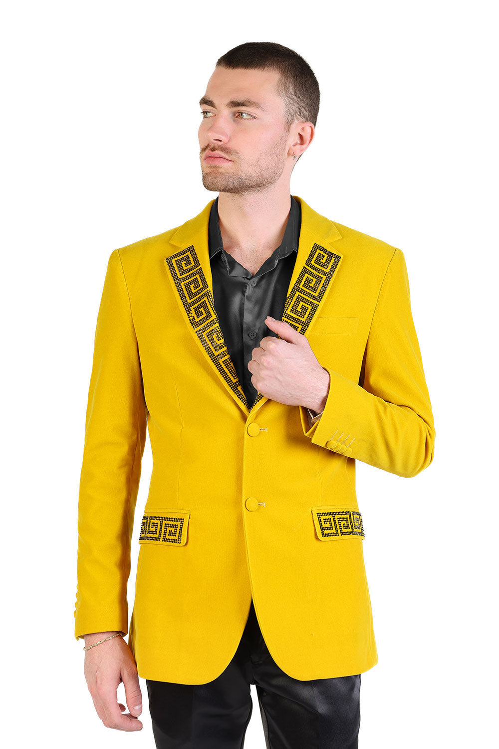 BARABAS Men's Rhinestone Greek key Pattern Velvet Blazer Prom BL3067  Mustard Black