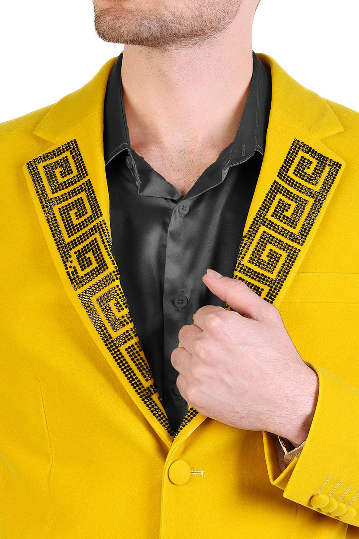 BARABAS Men's Rhinestone Greek key Pattern Velvet Blazer Prom BL3067  Mustard Black