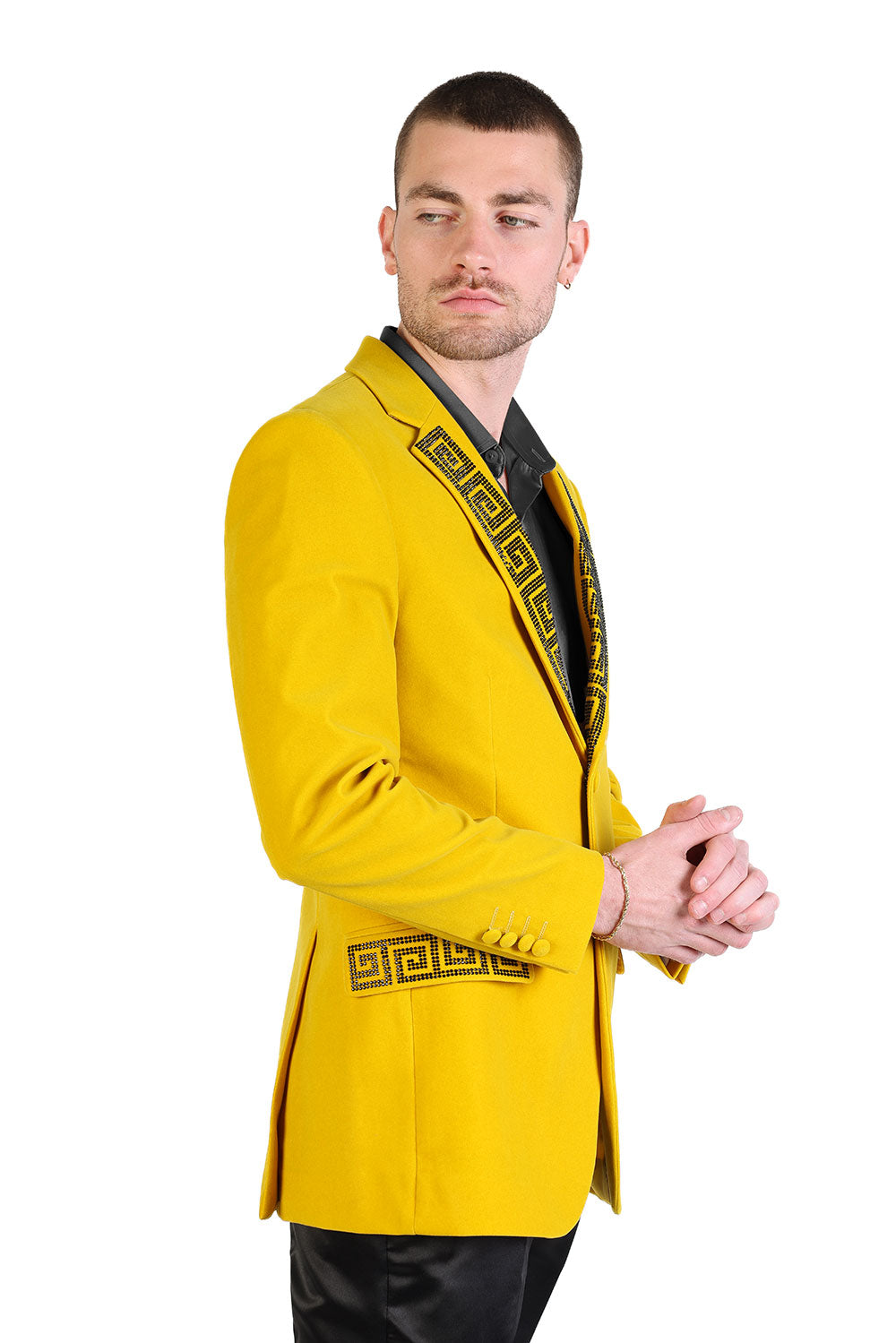 BARABAS Men's Rhinestone Greek key Pattern Velvet Blazer Prom BL3067  Mustard Black