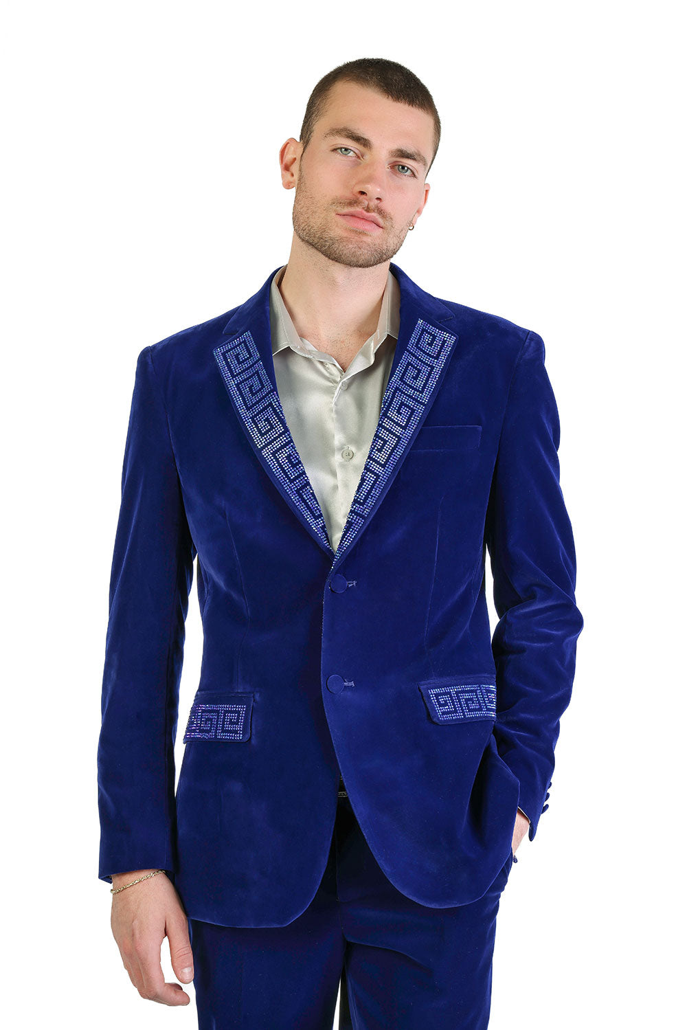 BARABAS Men's Rhinestone Greek key Pattern Velvet Blazer Prom BL3067  Royal Navy