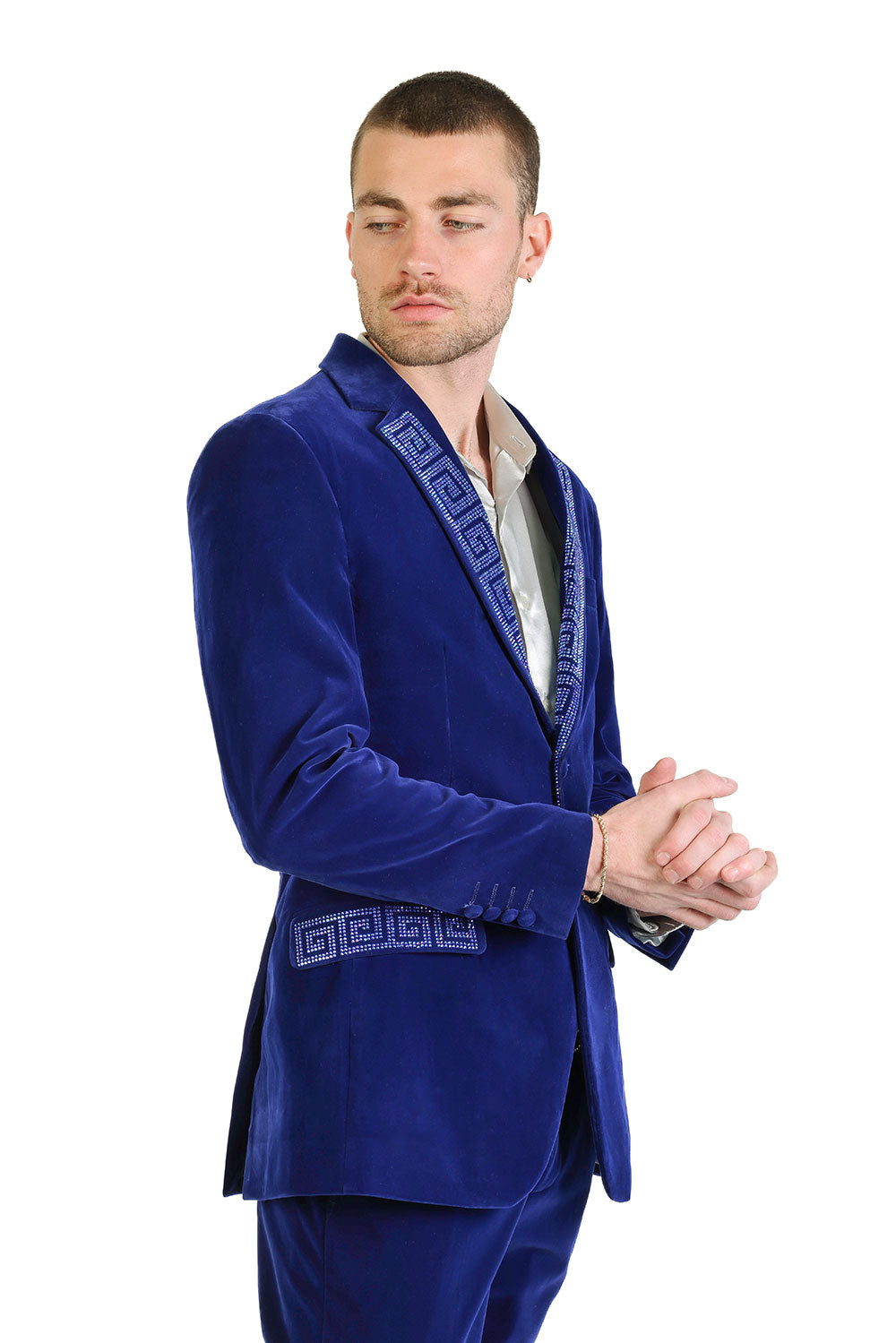 BARABAS Men's Rhinestone Greek key Pattern Velvet Blazer Prom BL3067  Royal Navy