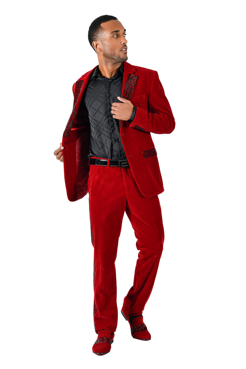 BARABAS Men's Rhinestone Greek key Pattern Velvet Blazer BL3067 Red Black