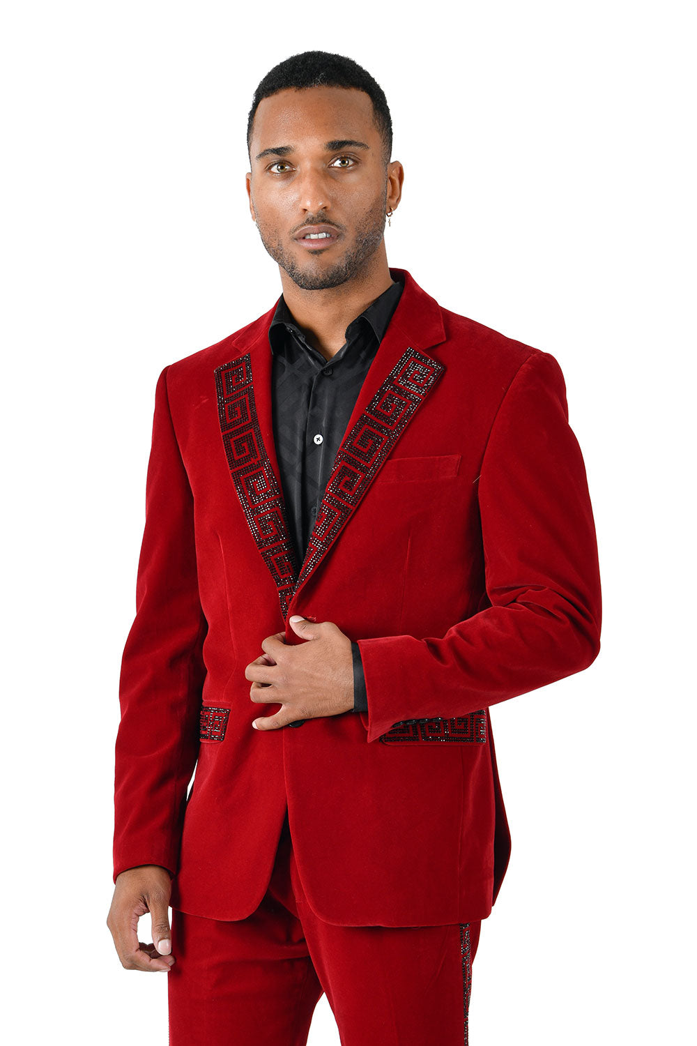 BARABAS Men's Rhinestone Greek key Pattern Velvet Blazer BL3067 Red Black