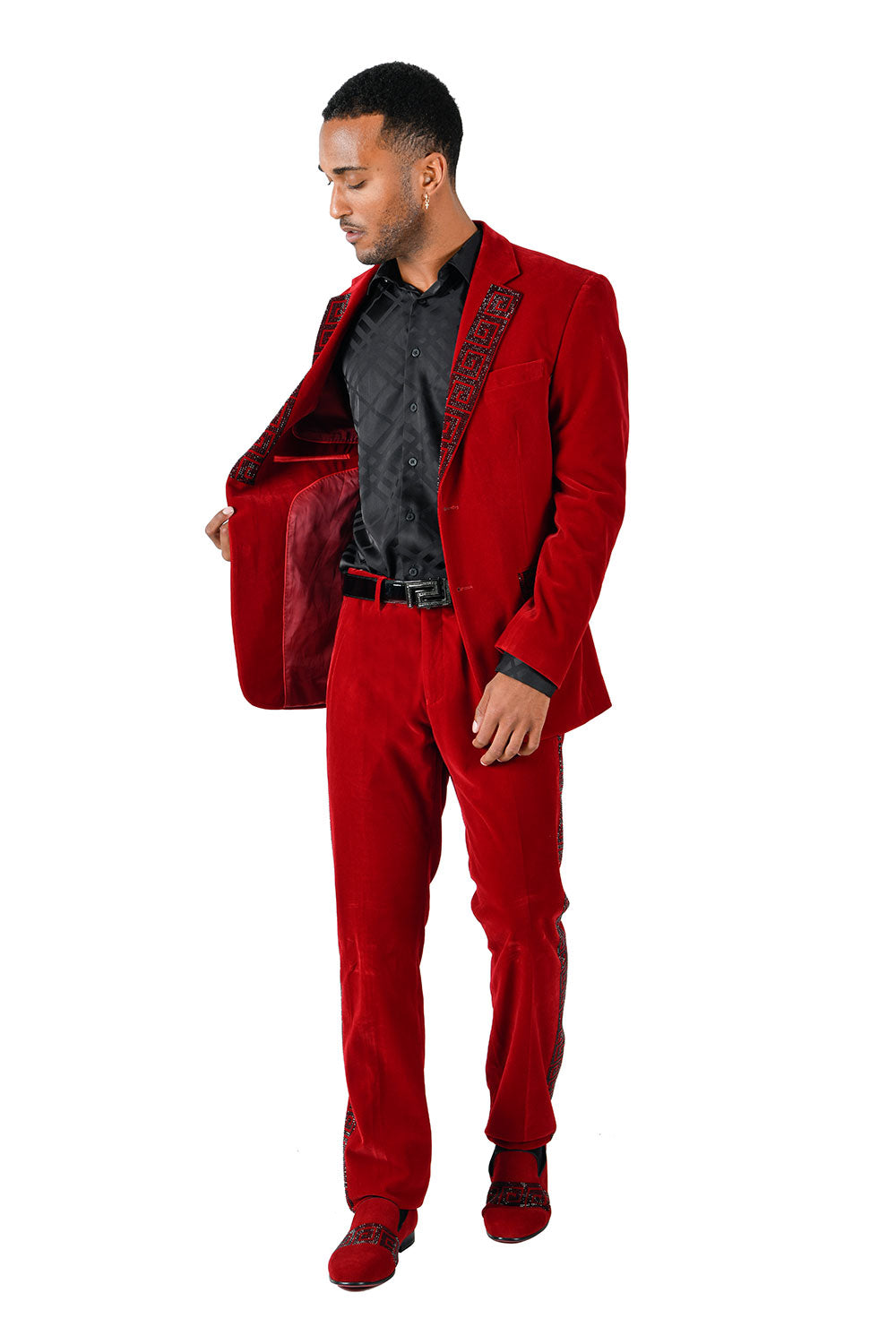 BARABAS Men's Rhinestone Greek key Pattern Velvet Blazer BL3067 Red Black