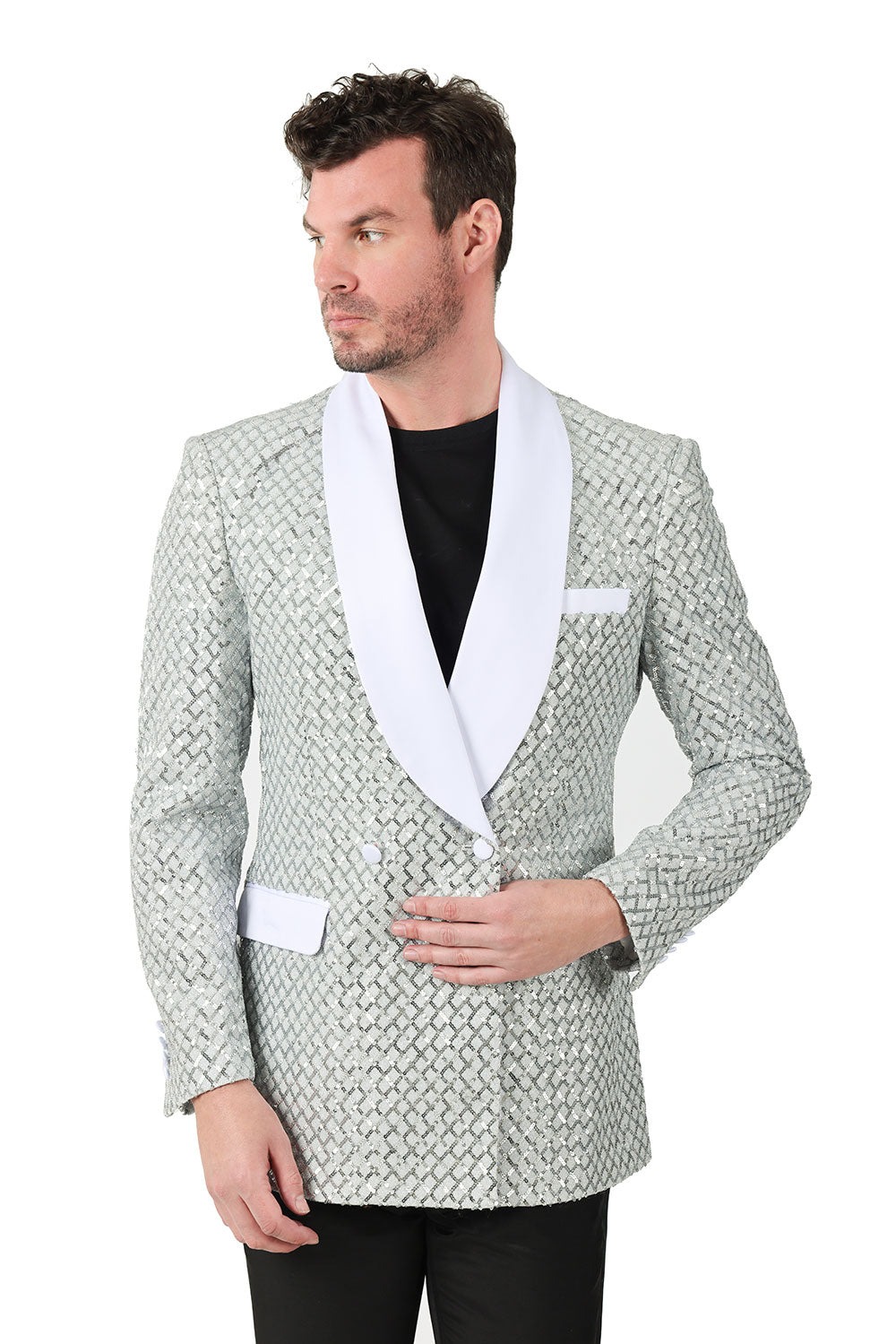 BARABAS men's shiny design glittery sequin design blazer BL3068 White