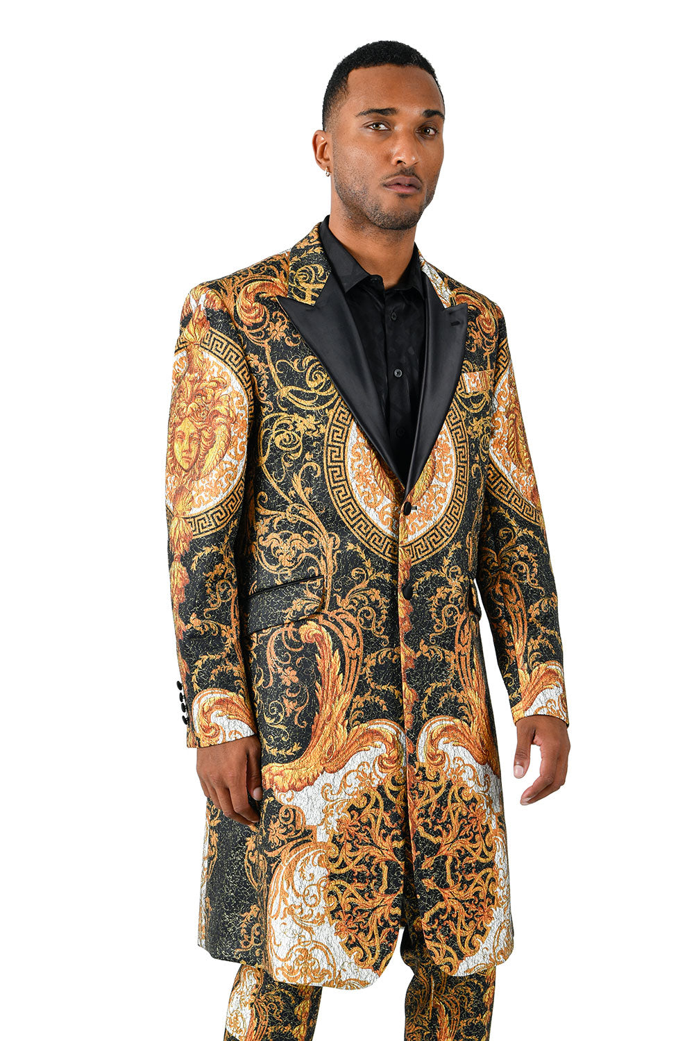 BARABAS Men's Noble Baroque Medusa Greek Pattern Shiny Blazer BL3070 Black Gold