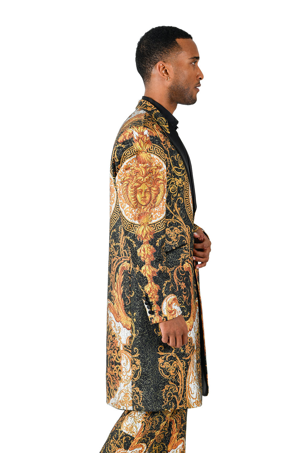 BARABAS Men's Noble Baroque Medusa Greek Pattern Shiny Blazer BL3070 Black Gold