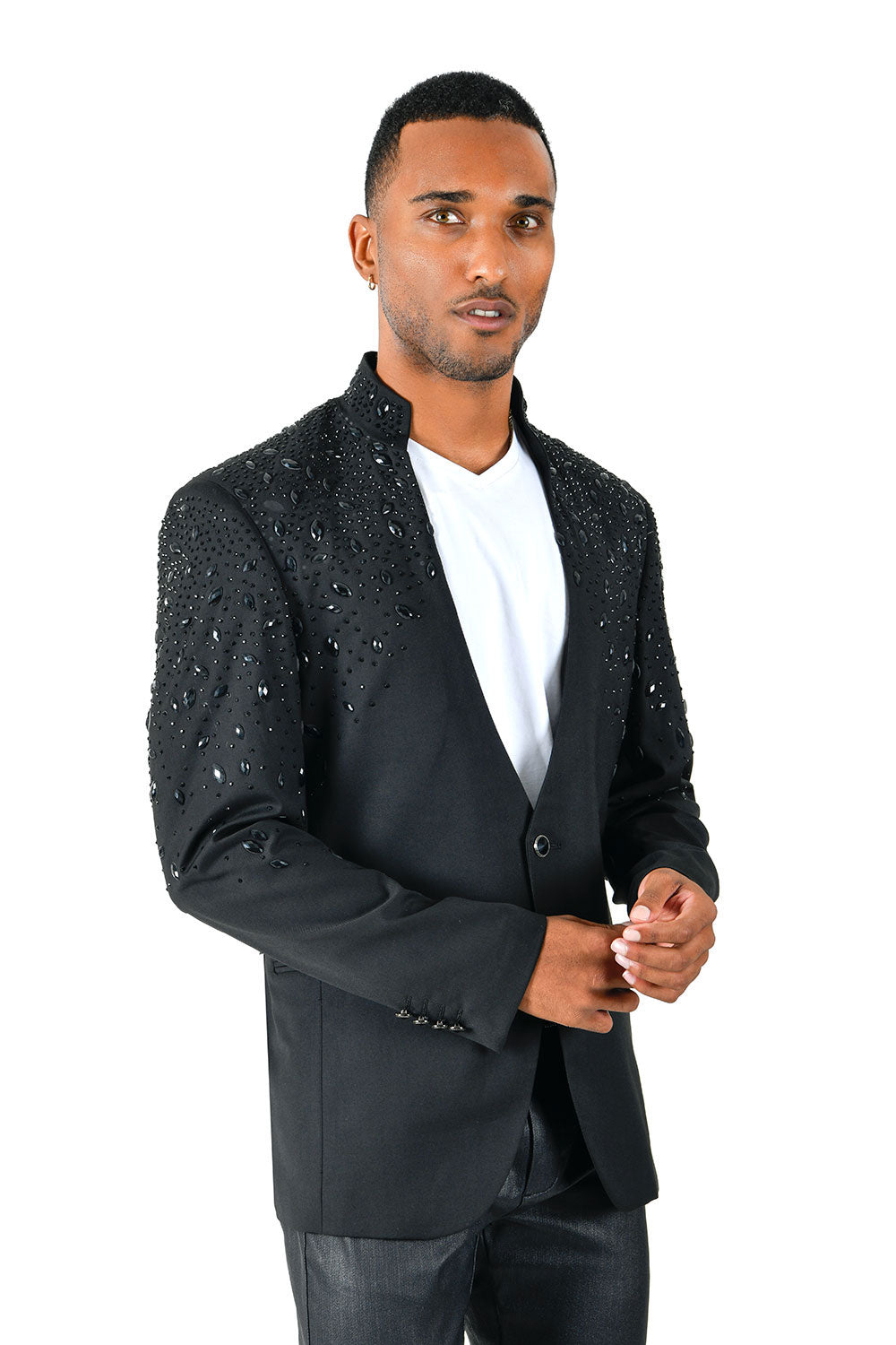 BARABAS Men's Luxury Rhinestone Lapel Collar Designer Blazer BL3080 Black and Black