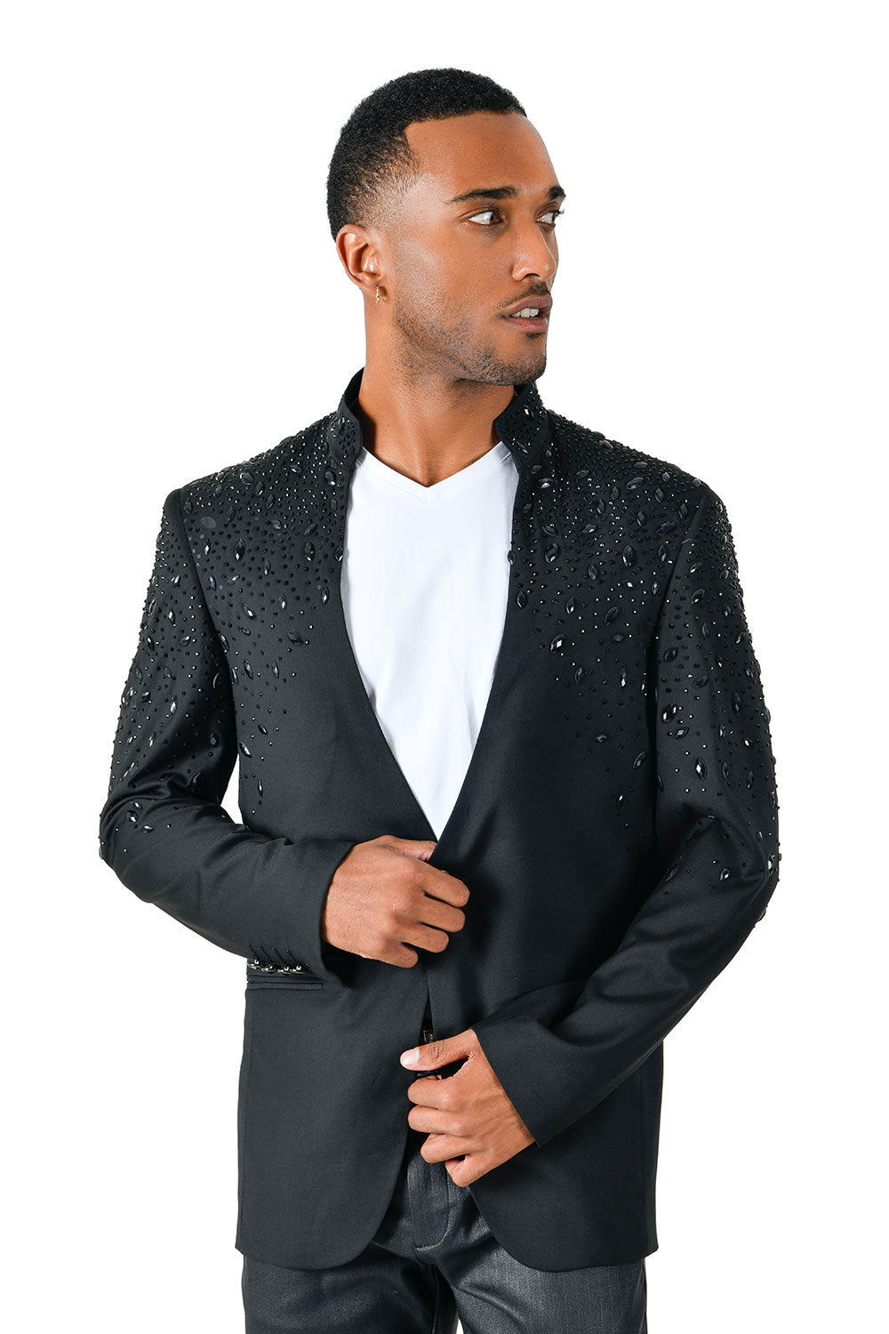 BARABAS Men's Luxury Rhinestone Lapel Collar Designer Blazer BL3080 Black and Black