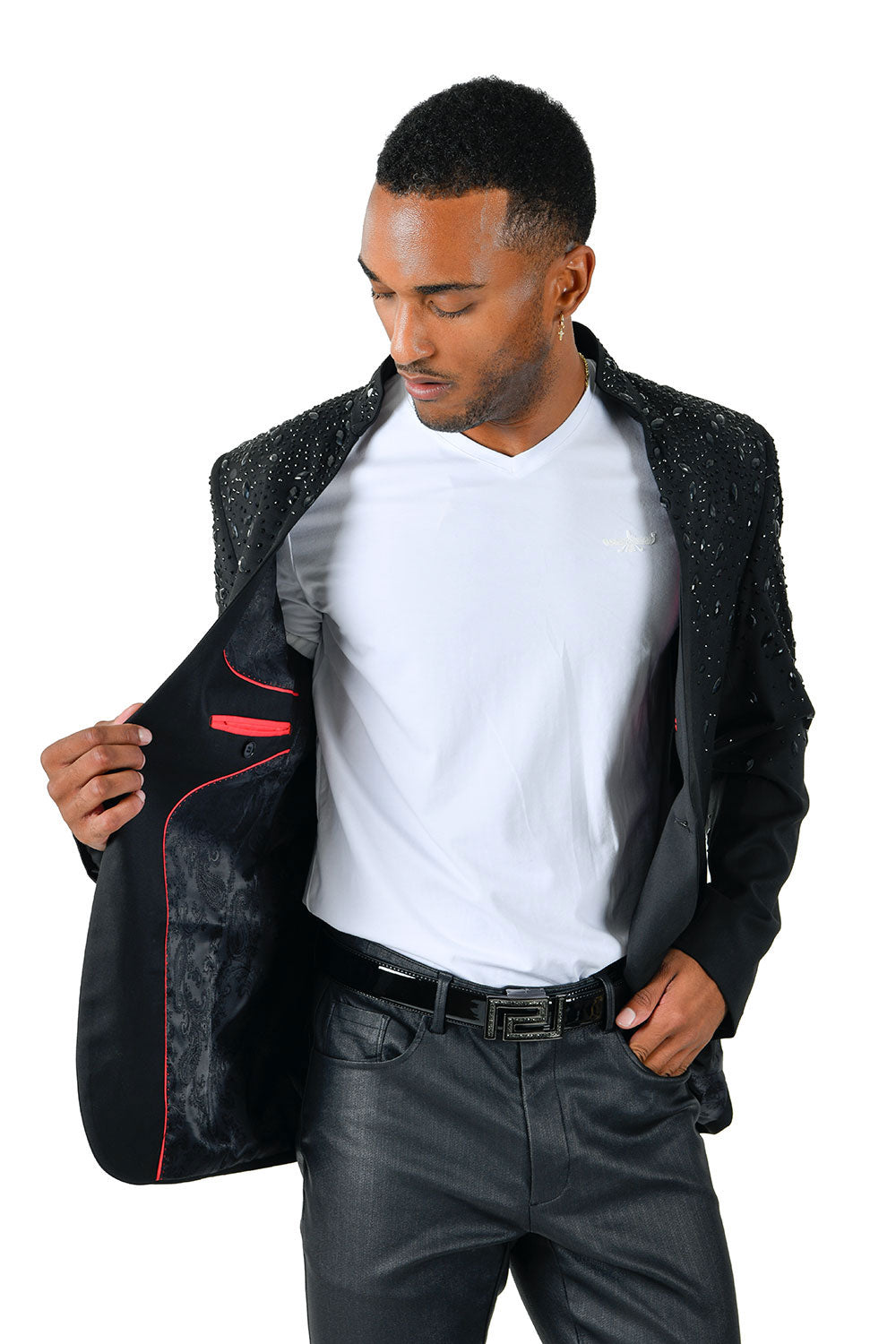 BARABAS Men's Luxury Rhinestone Lapel Collar Designer Blazer BL3080 Black and Black