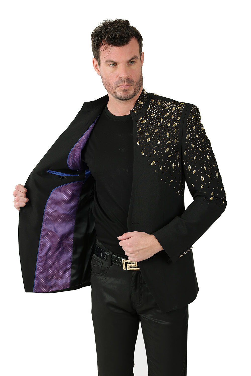 BARABAS Men's Luxury Rhinestone Lapel Collar Designer Blazer BL3080 Black Gold
