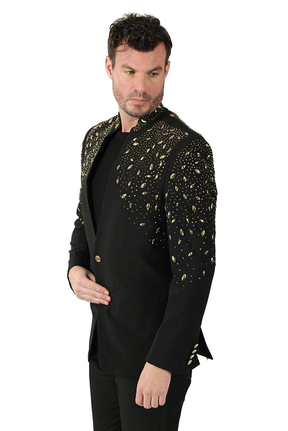 BARABAS Men's Luxury Rhinestone Lapel Collar Designer Blazer BL3080 Black Gold