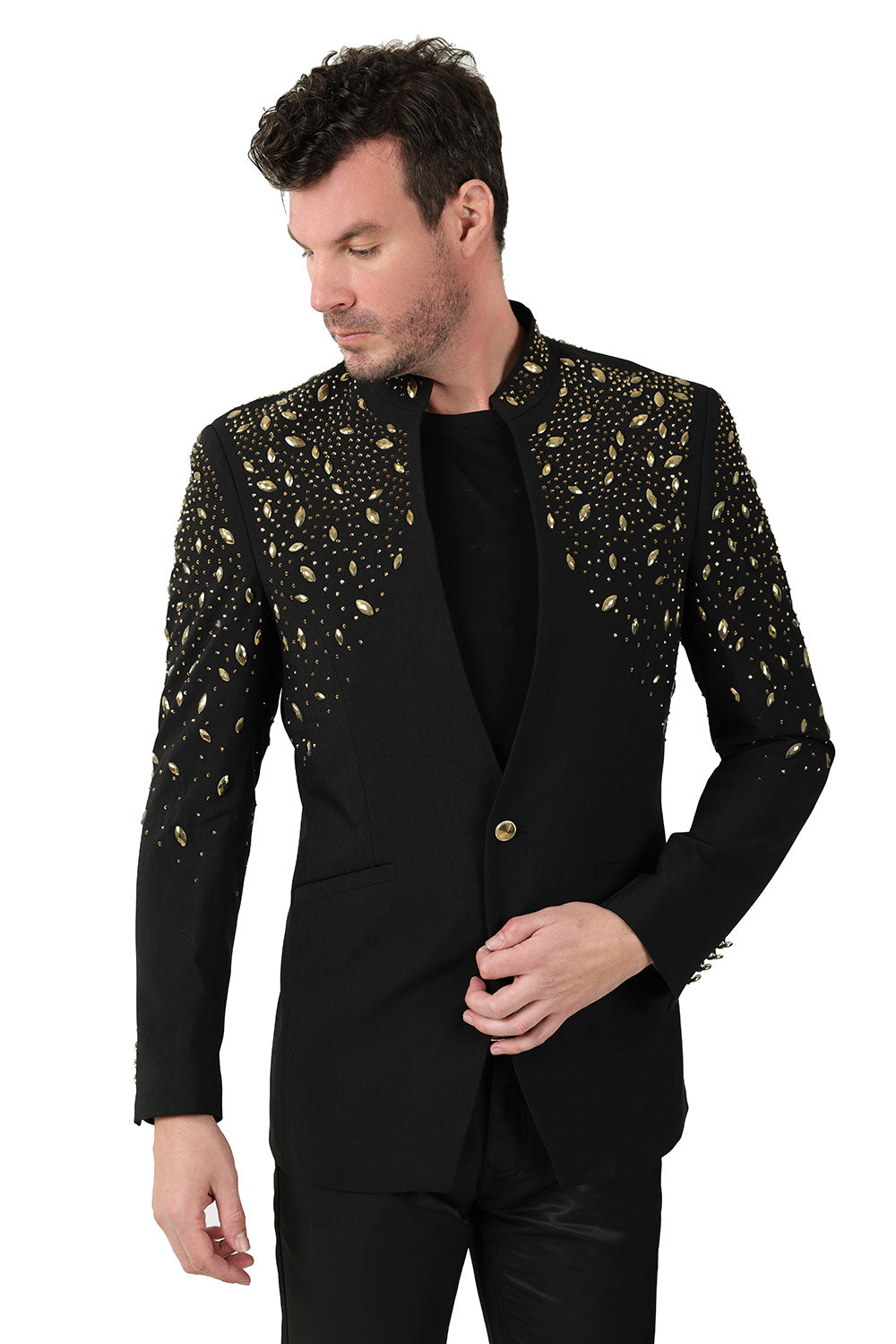 BARABAS Men's Luxury Rhinestone Lapel Collar Designer Blazer BL3080 Black Gold