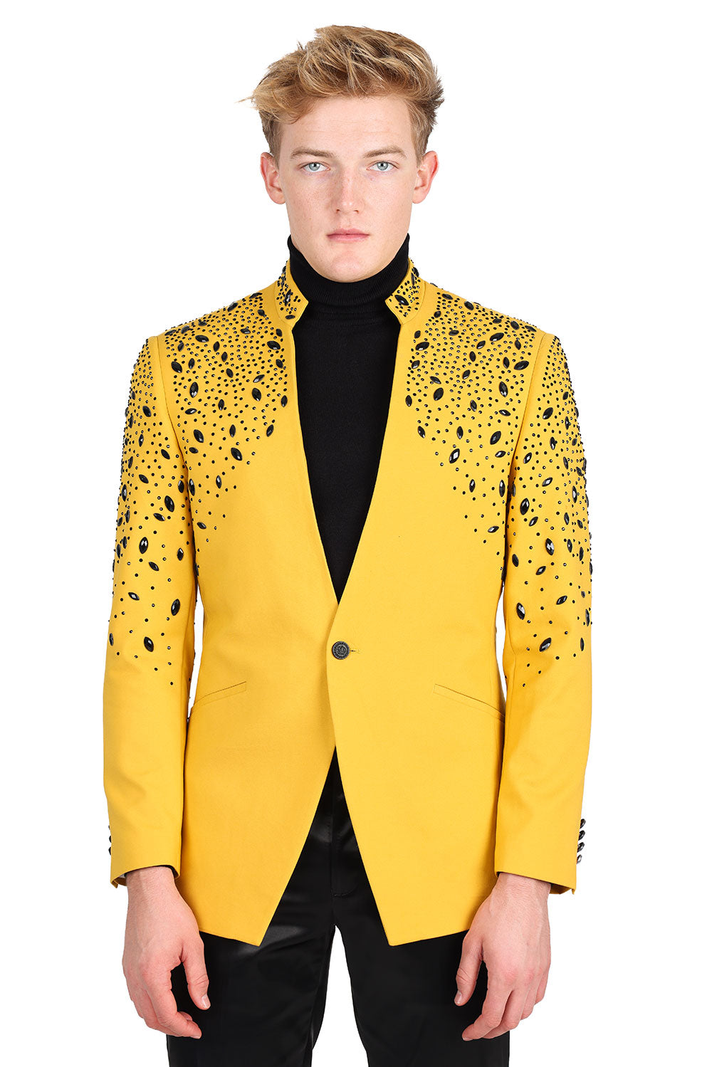 BARABAS Men's Luxury Rhinestone Lapel Collar Designer Blazer BL3080 Mustard Black