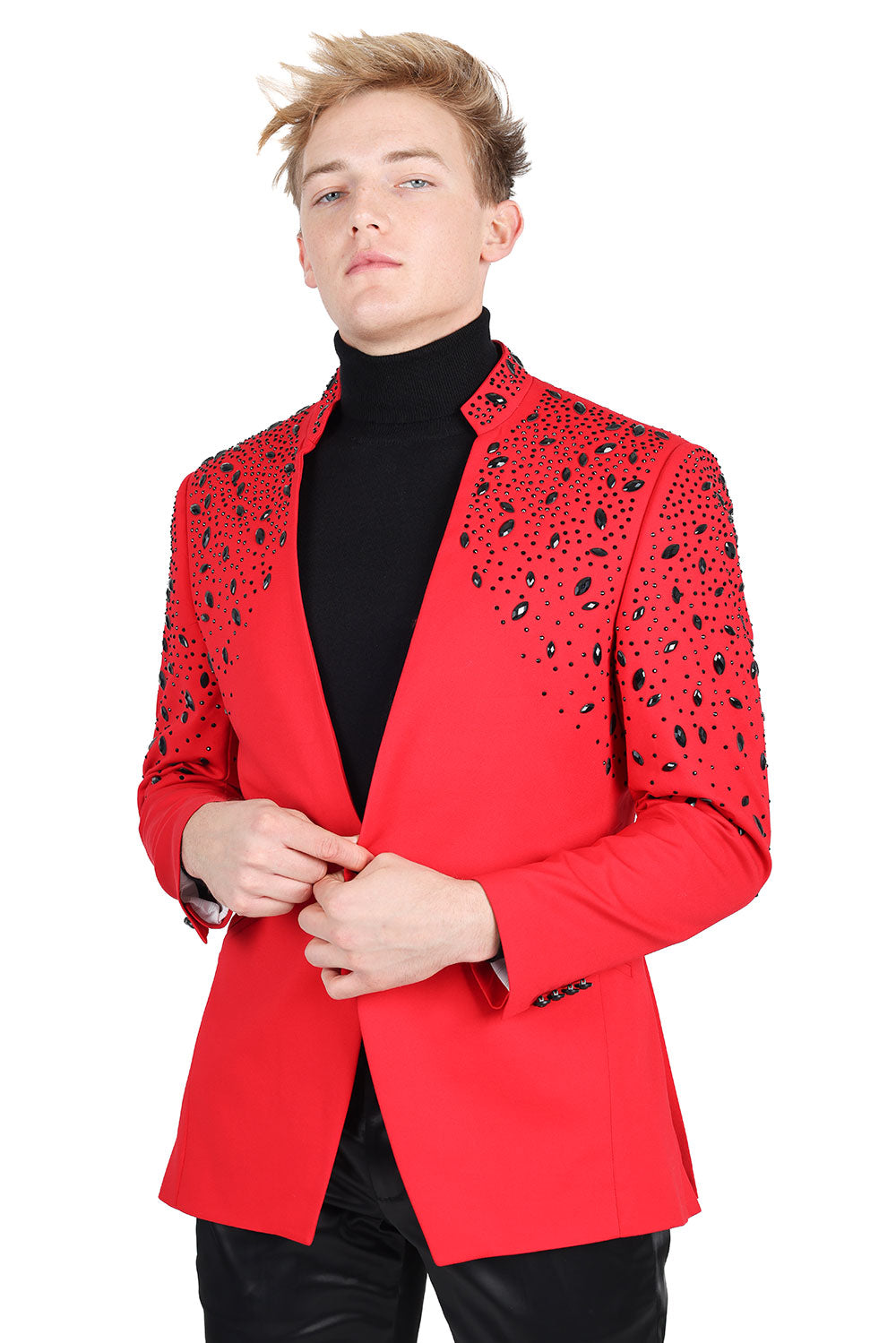 BARABAS Men's Luxury Rhinestone Lapel Collar Designer Blazer BL3080 Red Black