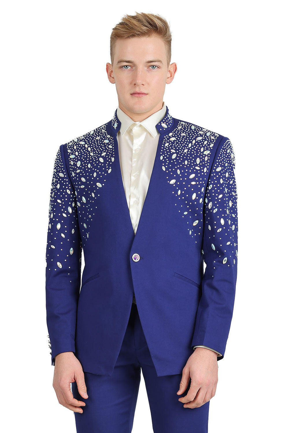 BARABAS Men's Luxury Rhinestone Lapel Collar Designer Blazer BL3080 Royal Blue