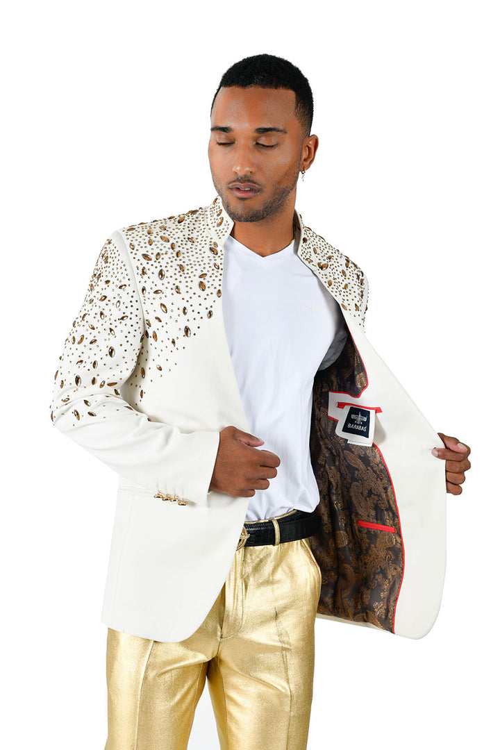 BARABAS Men's Luxury Rhinestone Lapel Collar Designer Blazer BL3080 White and Gold
