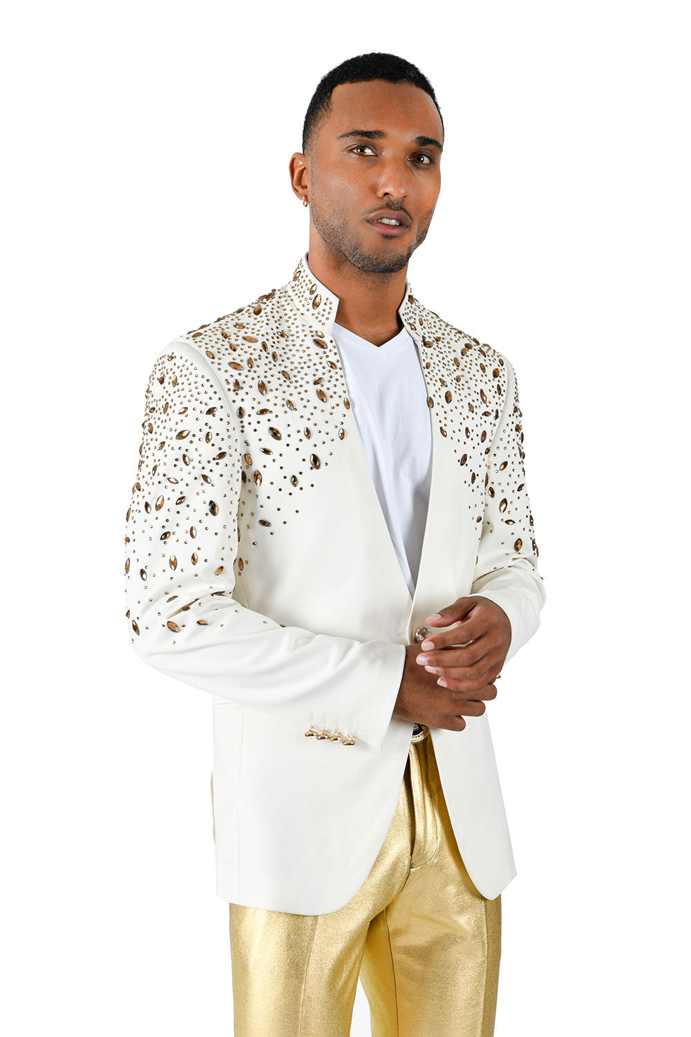 BARABAS Men's Luxury Rhinestone Lapel Collar Designer Blazer BL3080 White and Gold