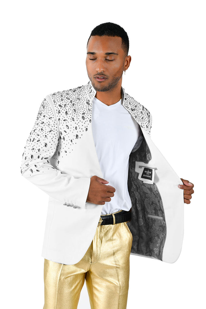 BARABAS Men's Luxury Rhinestone Lapel Collar Designer Blazer BL3080 White and Silver