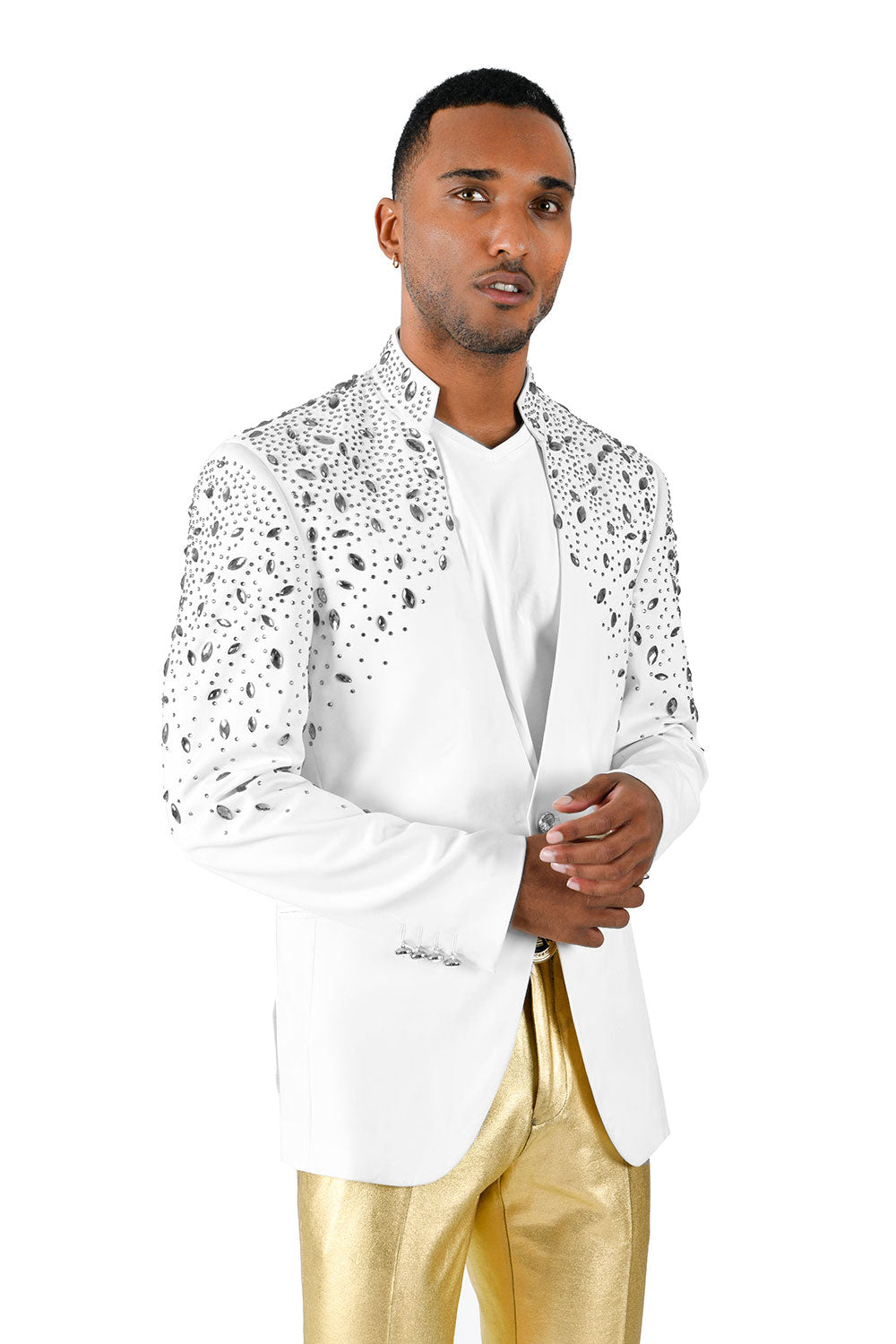 BARABAS Men's Luxury Rhinestone Lapel Collar Designer Blazer BL3080 White and Silver