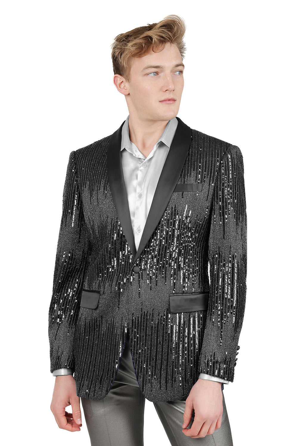 BARABAS Men's Rhinestone Sequin Design Luxury Blazer BL3085 Black Silver