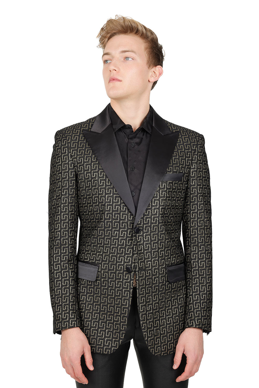 BARABAS Mens Rhinestone Greek key Pattern Design Luxury Blazer BL3087  Black Gold