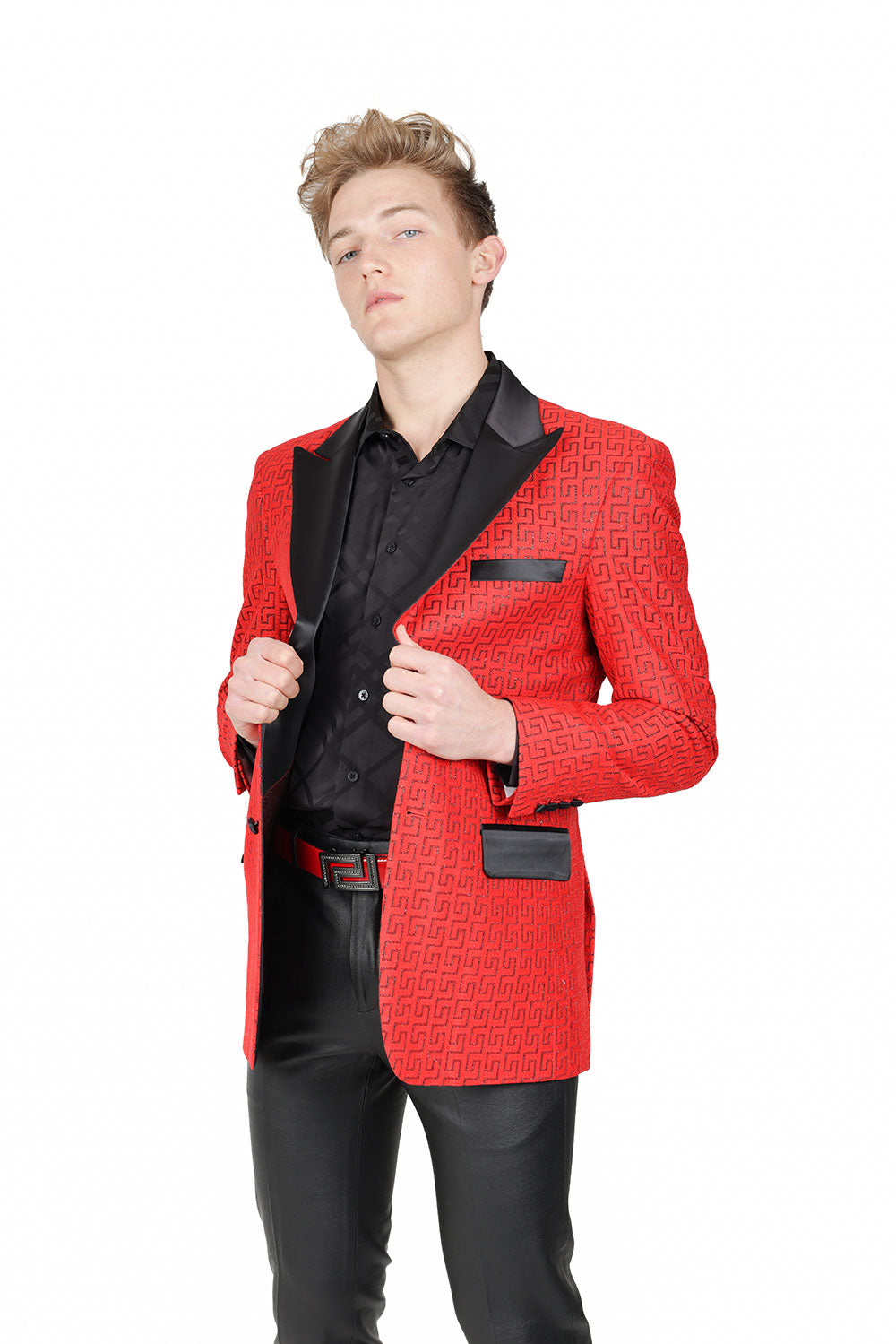 BARABAS Mens Rhinestone Greek key Pattern Design Luxury Blazer BL3087 Red Black