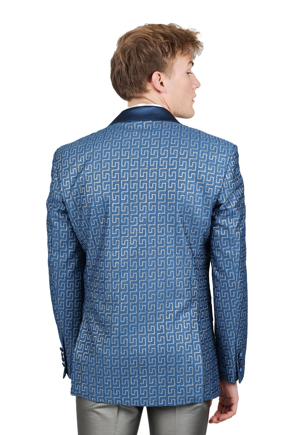 BARABAS Mens Rhinestone Greek key Pattern Design Luxury Blazer BL3087 Teal Silver