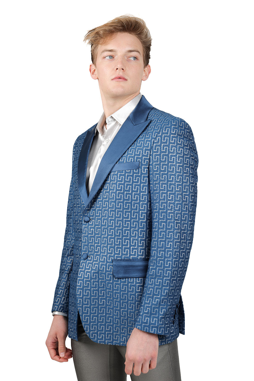 BARABAS Mens Rhinestone Greek key Pattern Design Luxury Blazer BL3087 Teal Silver