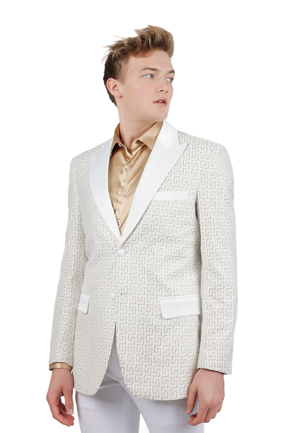 BARABAS Mens Rhinestone Greek key Pattern Design Luxury Blazer BL3087 White Gold