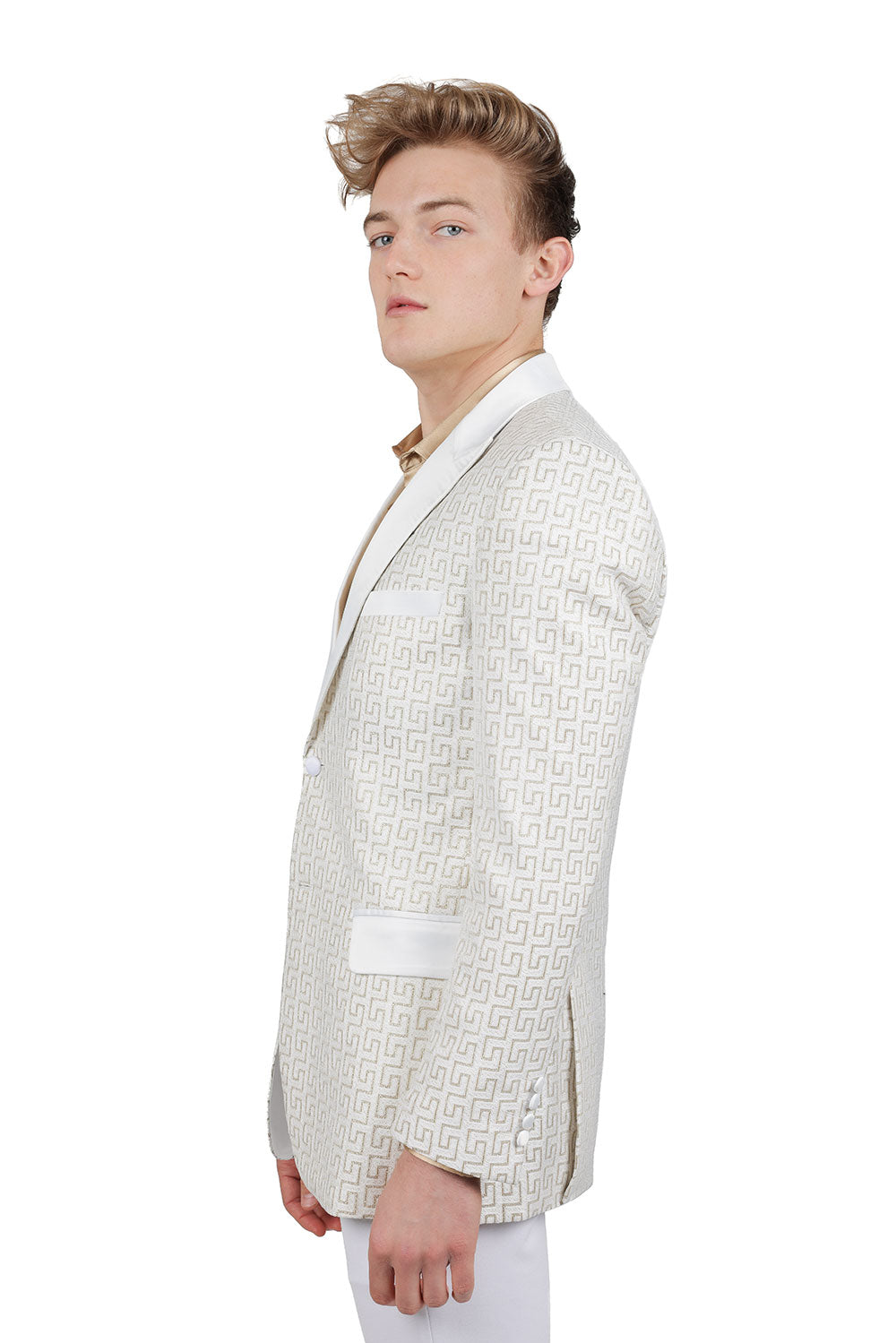 BARABAS Mens Rhinestone Greek key Pattern Design Luxury Blazer BL3087 White Gold