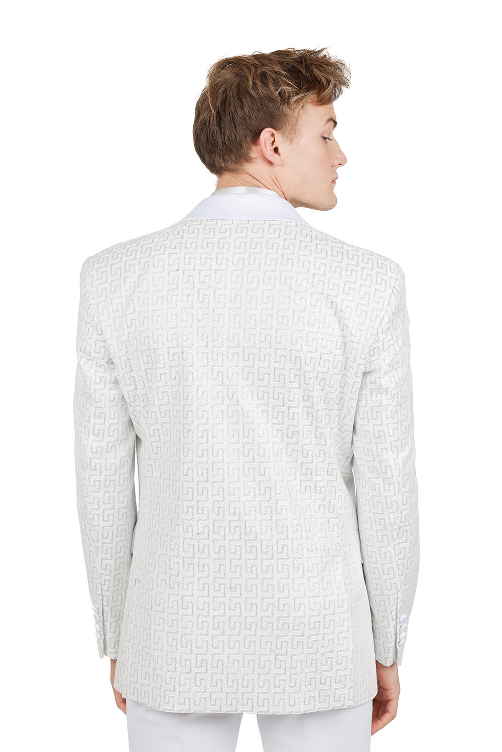 BARABAS Mens Rhinestone Greek key Pattern Design Luxury Blazer BL3087 White Silver