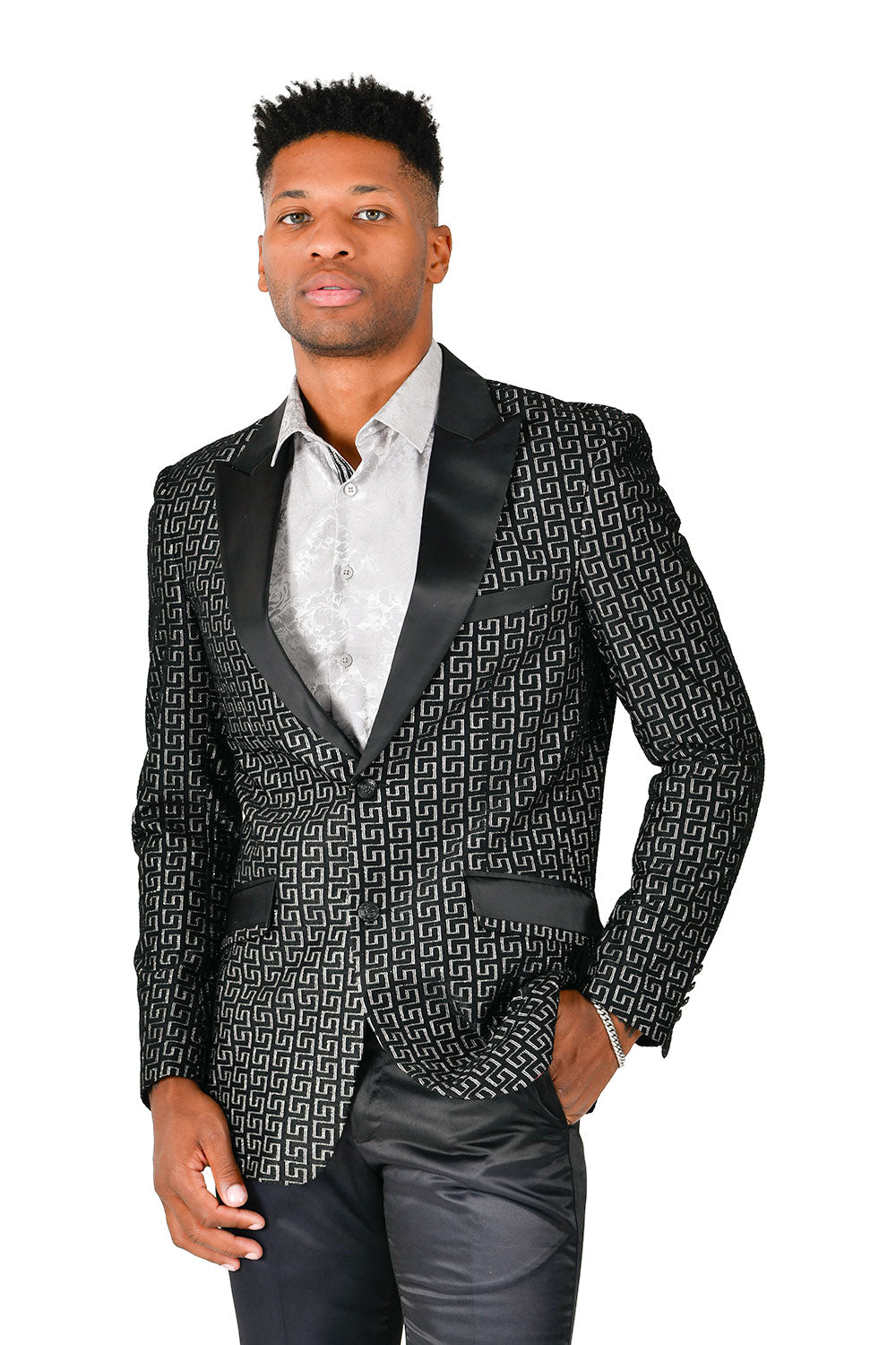 BARABAS Mens Rhinestone Greek key Pattern Design Luxury Blazer BL3087  Black Silver