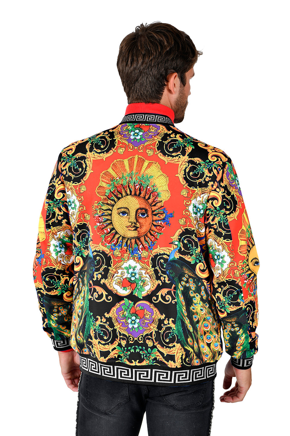 BARABAS Men's Sun Floral Print Greek key pattern Bomber Jacket BP20 Royal