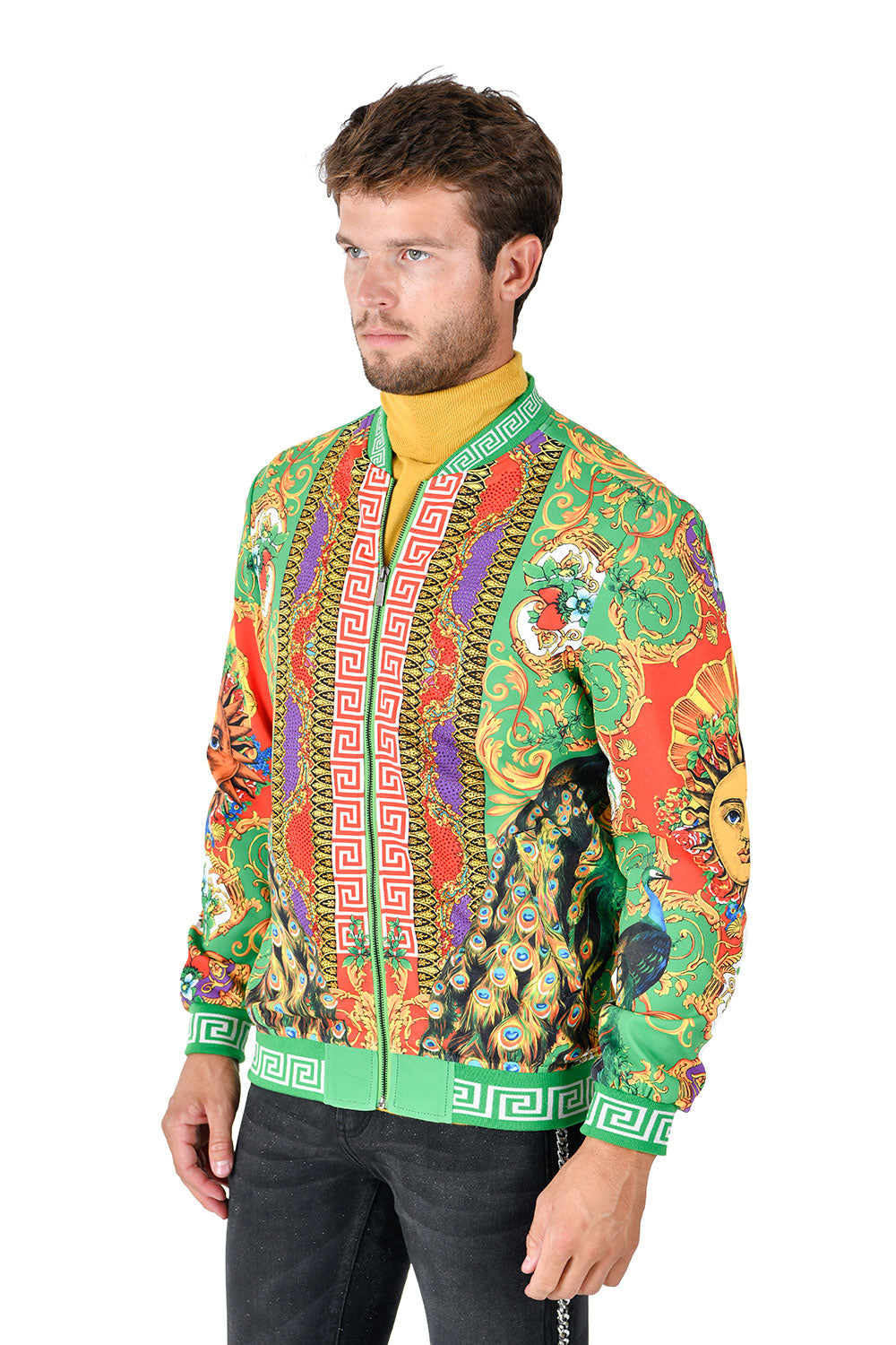 BARABAS Men's Sun Floral Print Greek key pattern Bomber Jacket BP20 Lime