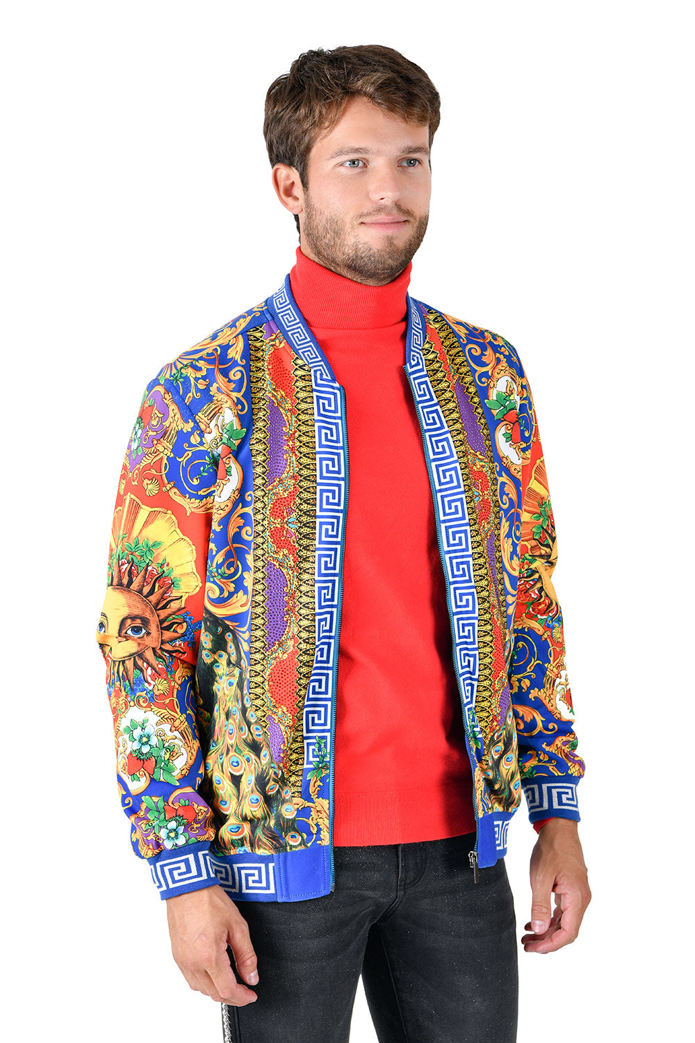 BARABAS Men's Sun Floral Print Greek key pattern Bomber Jacket BP20 Royal