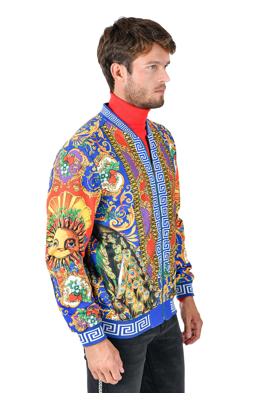 BARABAS Men's Sun Floral Print Greek key pattern Bomber Jacket BP20 Royal