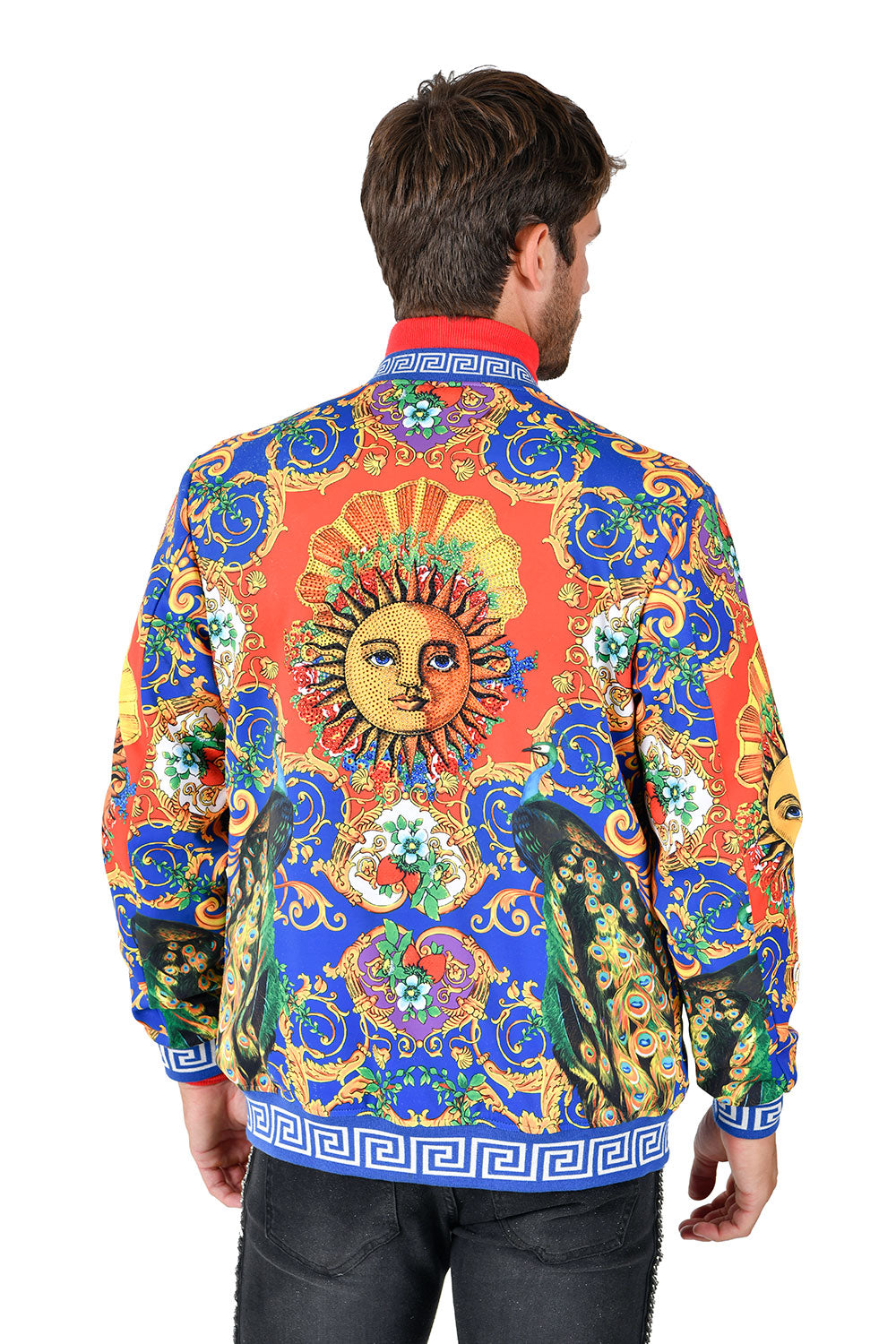 BARABAS Men's Sun Floral Print Greek key pattern Bomber Jacket BP20 Royal