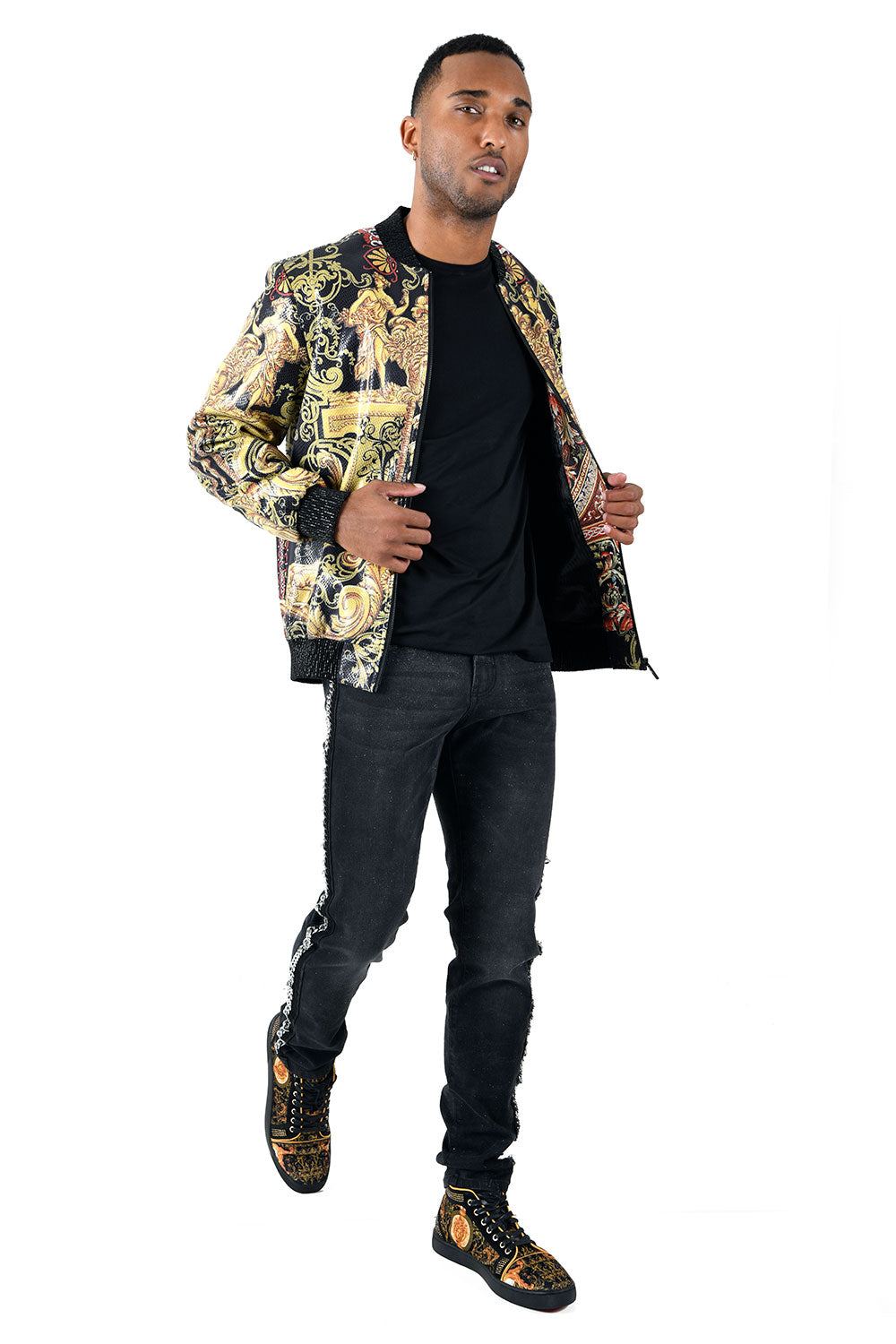 BARABAS Men's Floral Medusa Angle Gold Shiny Bomber Jacket BP662