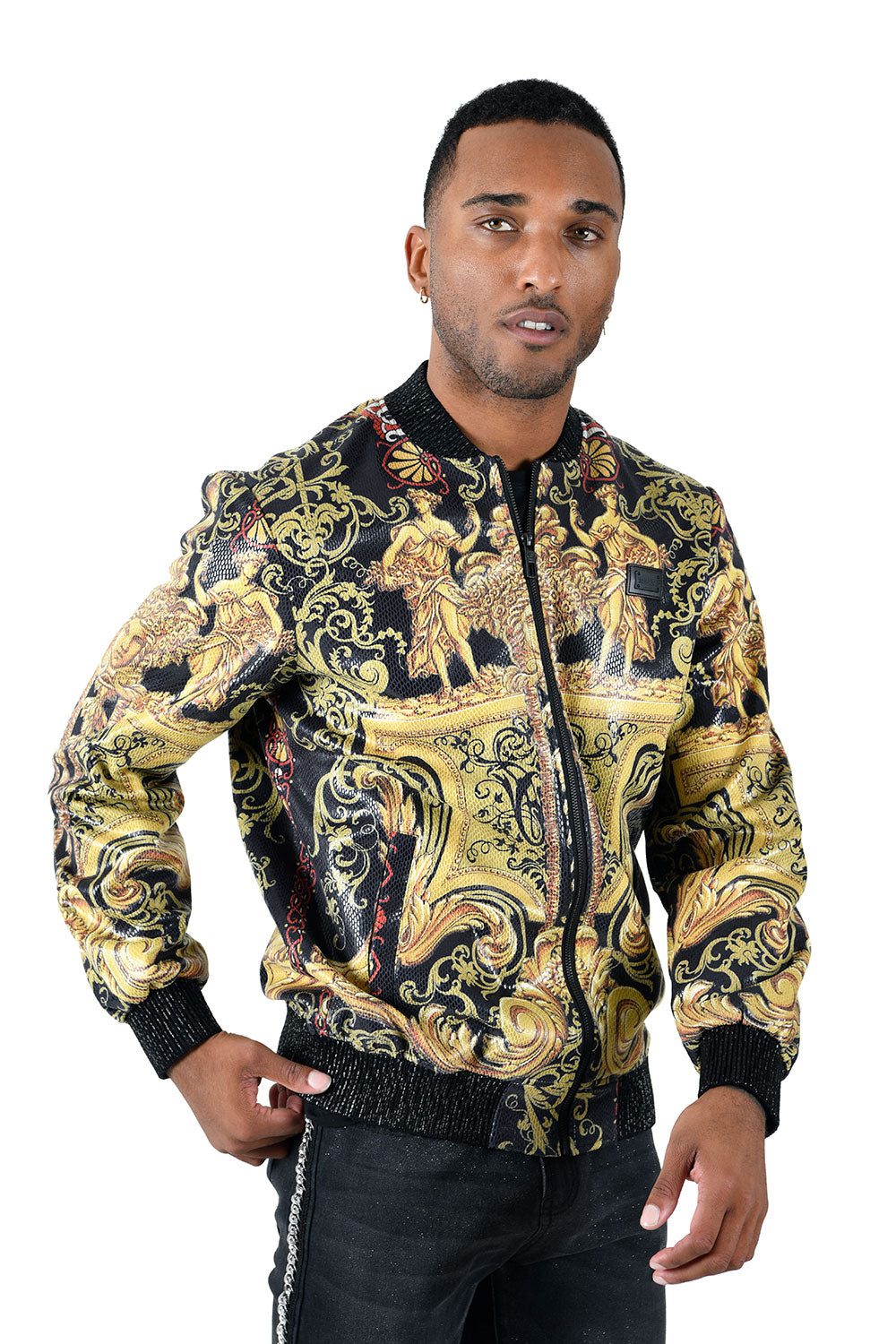 BARABAS Men's Floral Medusa Angle Gold Shiny Bomber Jacket BP662