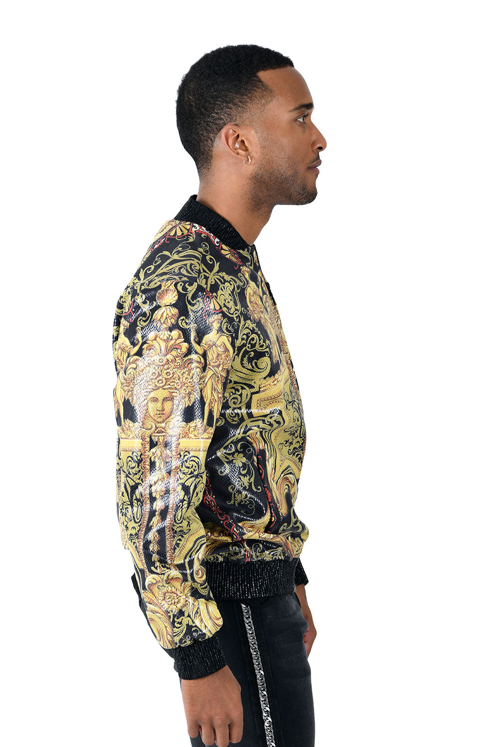 BARABAS Men's Floral Medusa Angle Gold Shiny Bomber Jacket BP662