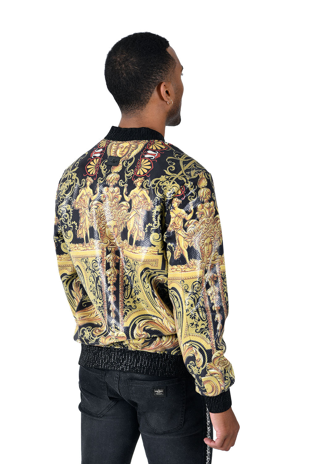 BARABAS Men's Floral Medusa Angle Gold Shiny Bomber Jacket BP662