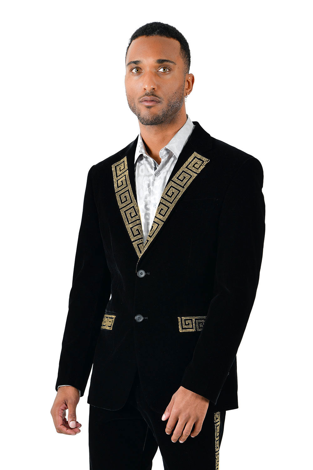 BARABAS Men's Rhinestone Greek key Pattern Velvet Blazer BL3067 Black Gold