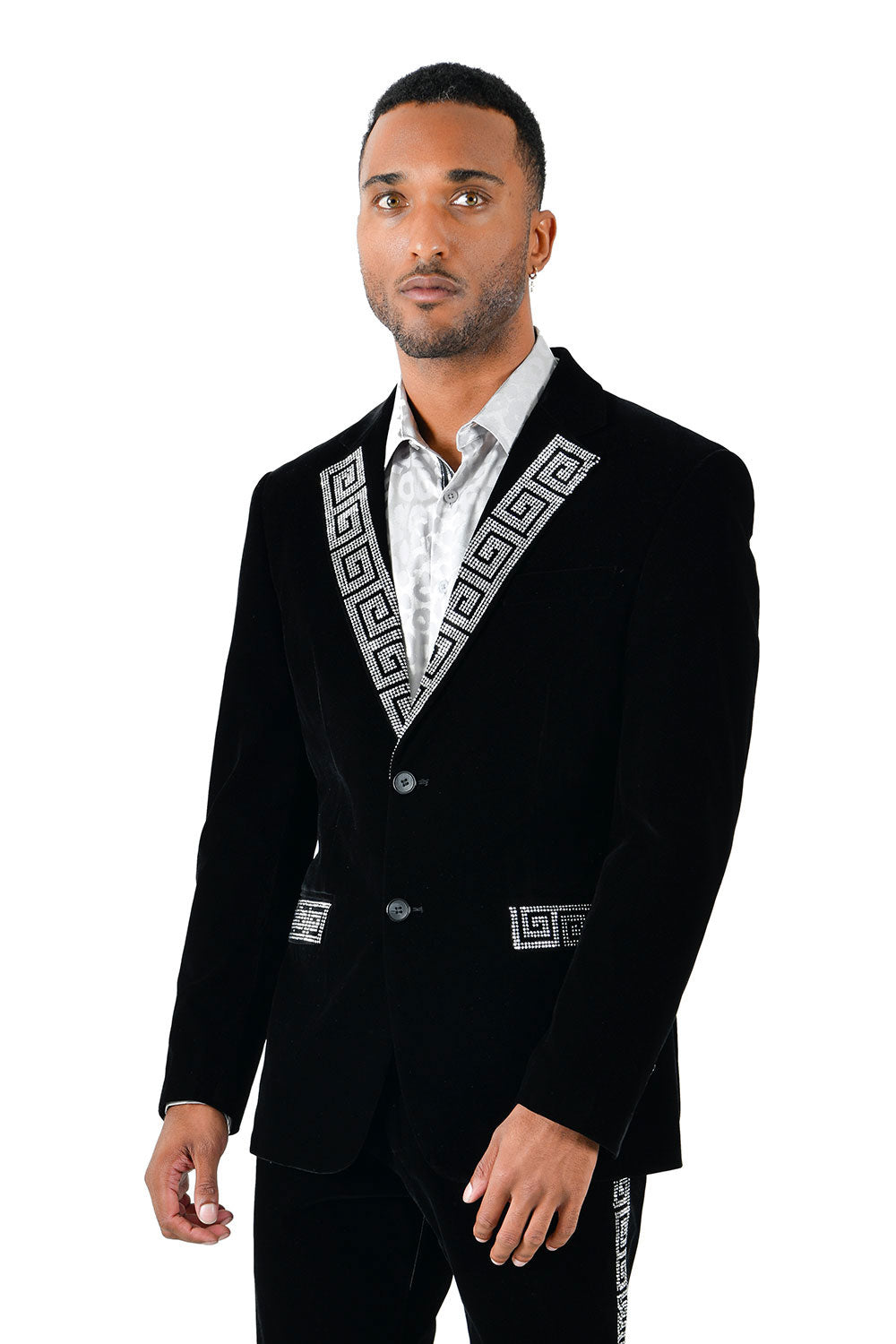 BARABAS Men's Rhinestone Greek key Pattern Velvet Blazer BL3067 Black Silver