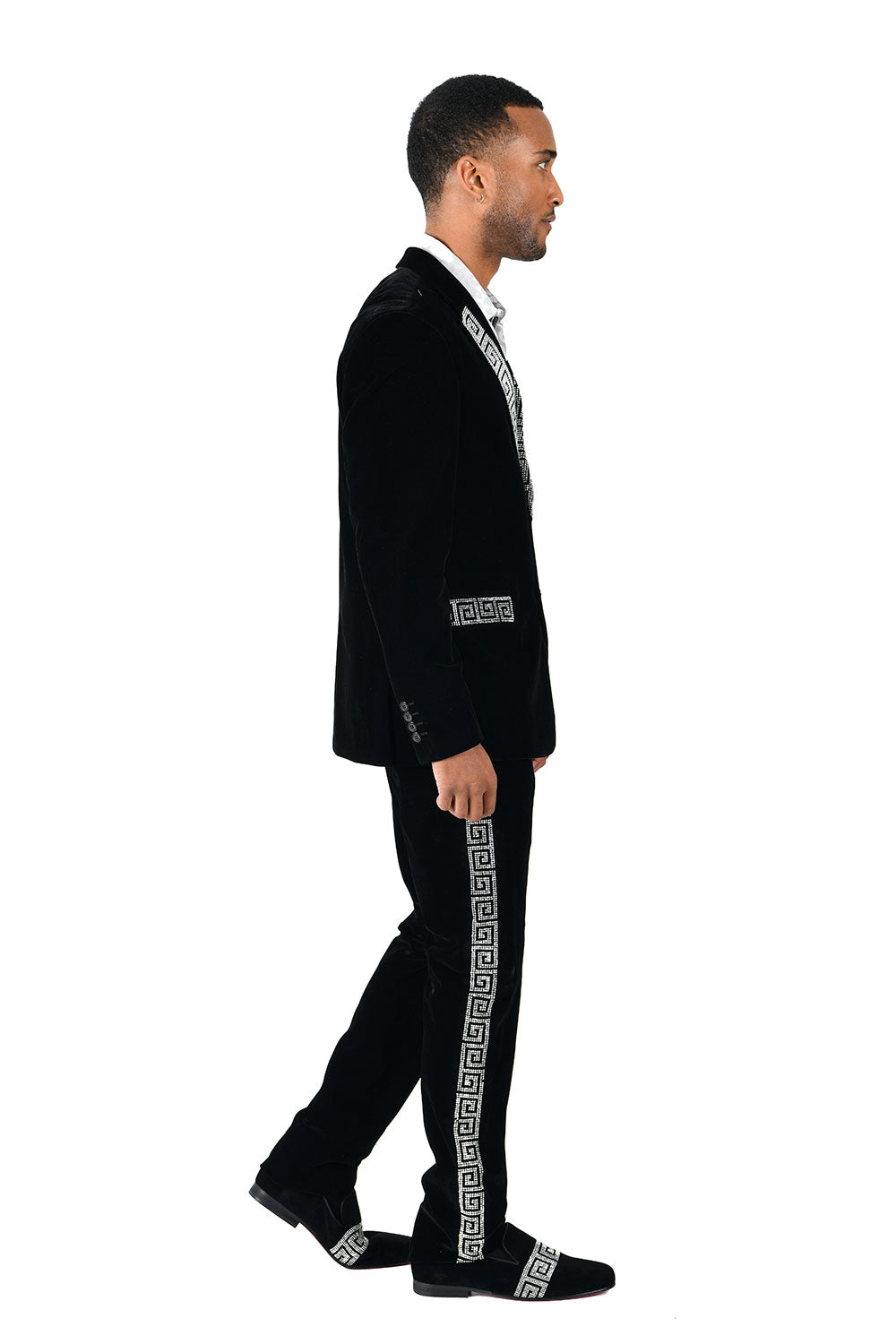 BARABAS Men's Rhinestone Greek key Pattern Velvet Blazer BL3067 Black Silver