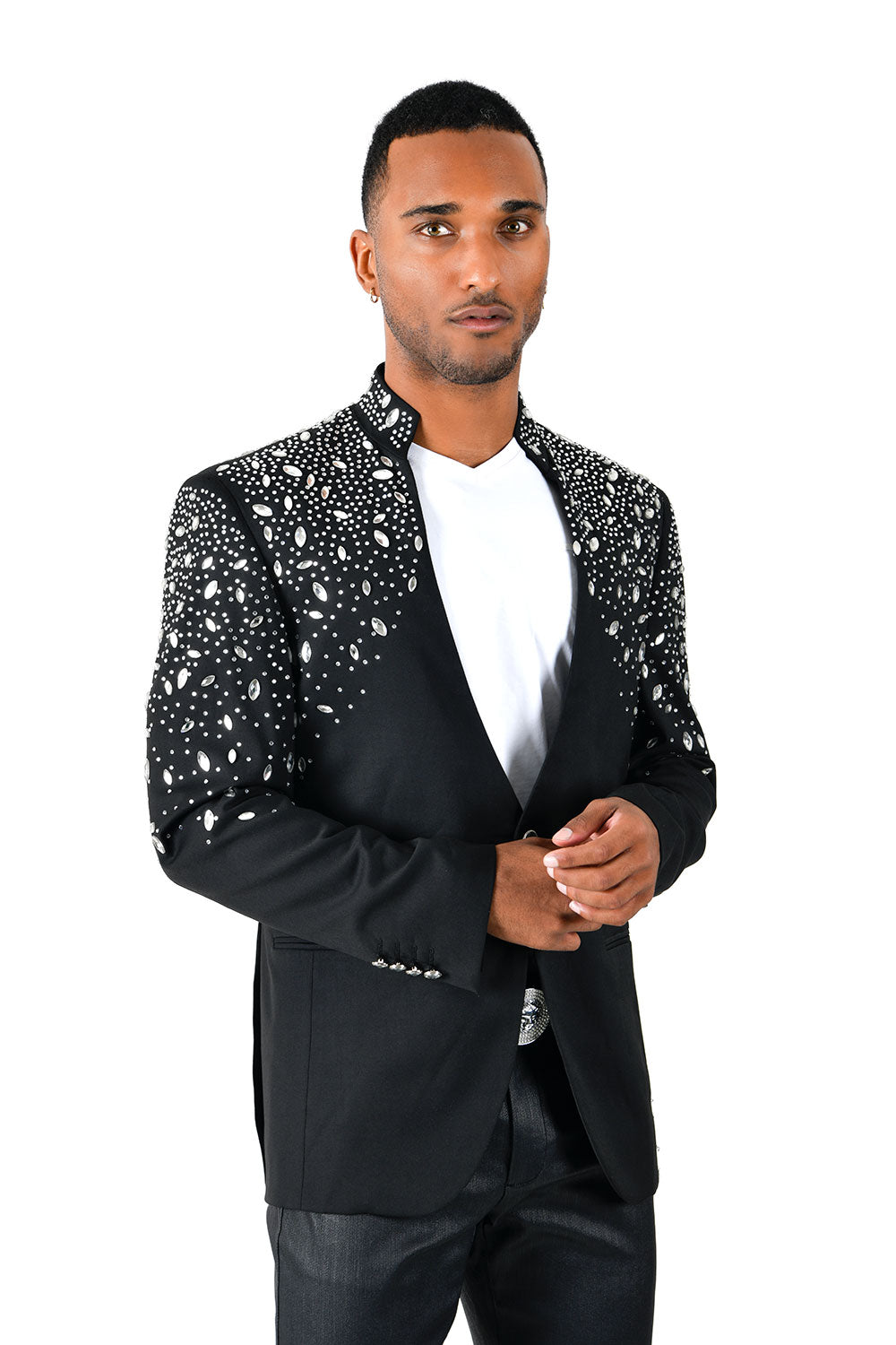 BARABAS Men's Luxury Rhinestone Lapel Collar Designer Blazer BL3080 Black and Silver