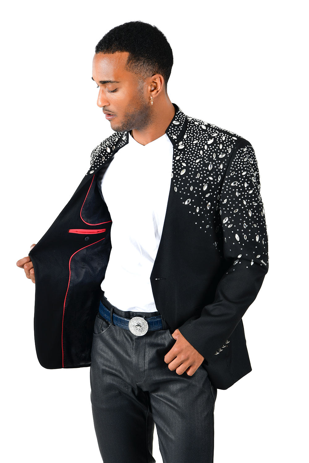 BARABAS Men's Luxury Rhinestone Lapel Collar Designer Blazer BL3080 Black and Silver