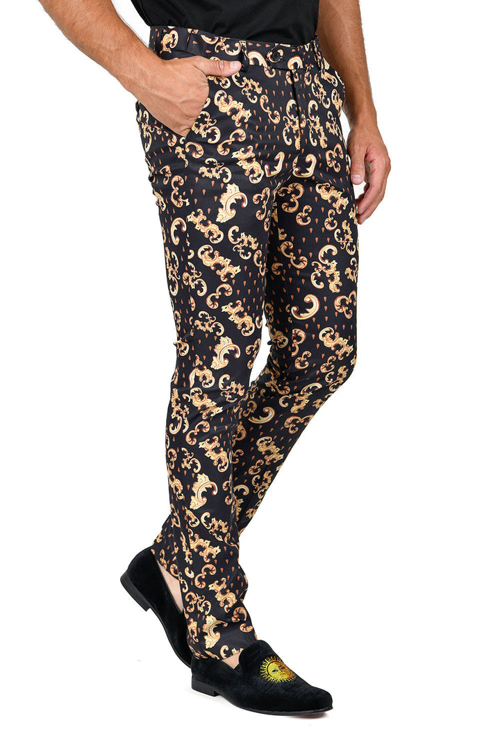BARABAS Men's Classic Luxury floral Chino Pants CP112 black gold