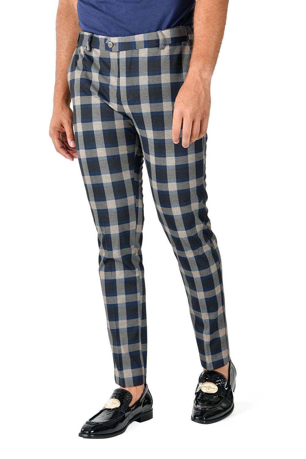 BARABAS men's checkered plaid cream navy chino pants CP116