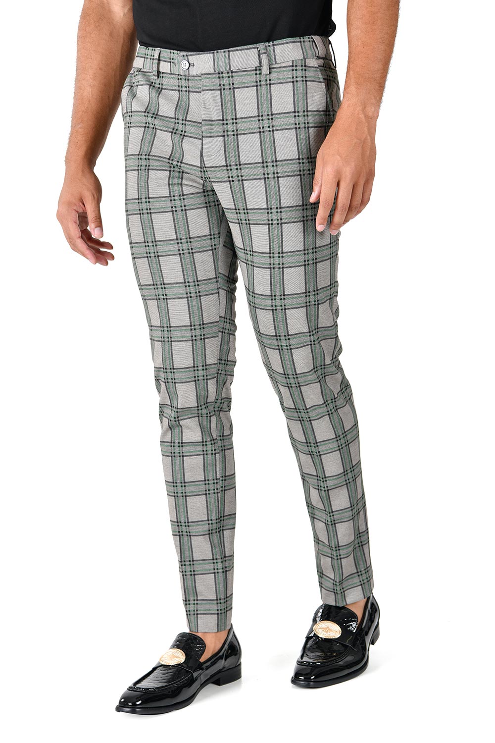 BARABAS men's checkered plaid light grey chino dress pants CP130 green